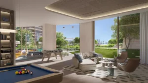 Palm Central Frond N Residences at Palm Jebel Ali by Nakheel residents lounge with floor to ceiling windows, garden views, recreational spaces and contemporary interior design in Dubai - Presented by Tohid Fetrat