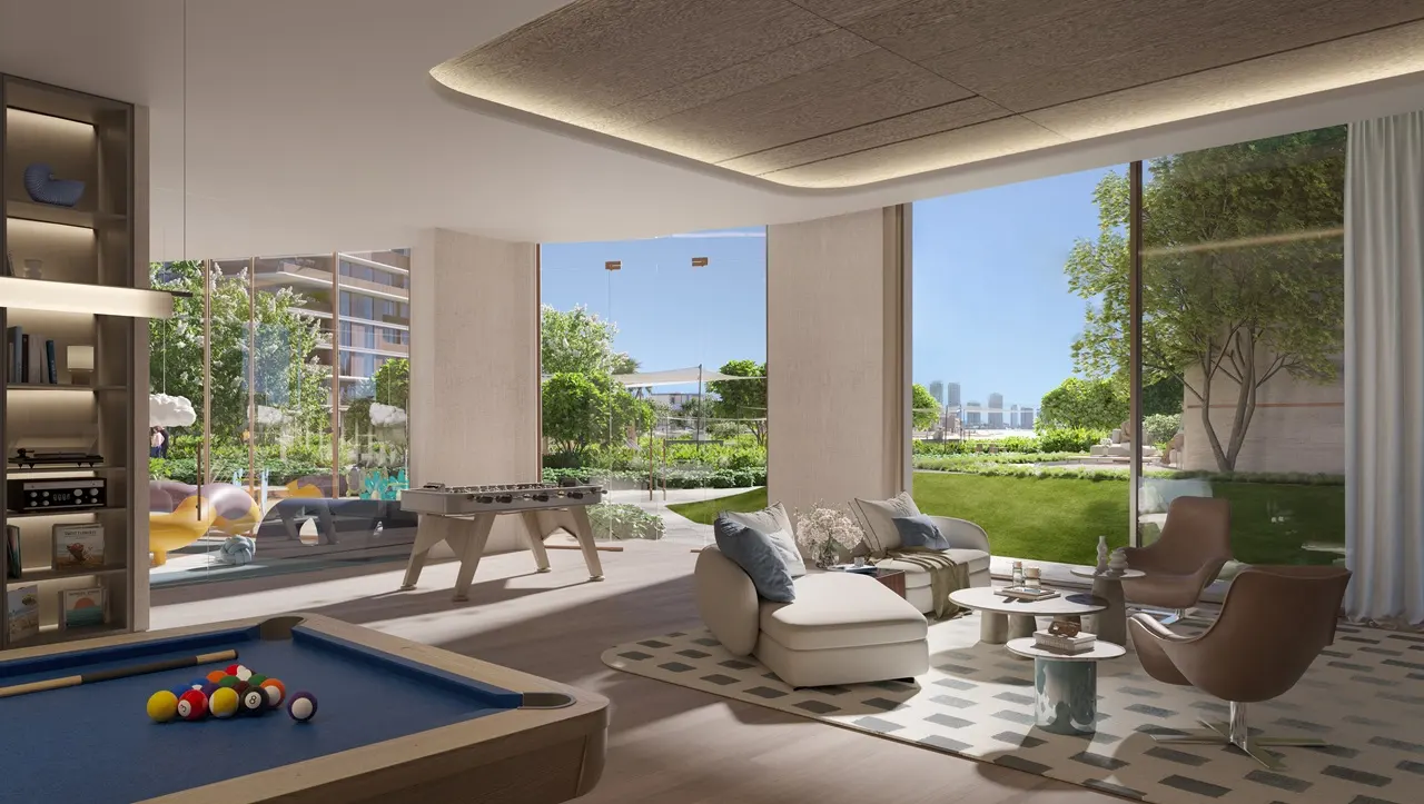 Palm Central Frond N Residences at Palm Jebel Ali by Nakheel residents lounge with floor to ceiling windows, garden views, recreational spaces and contemporary interior design in Dubai - Presented by Tohid Fetrat