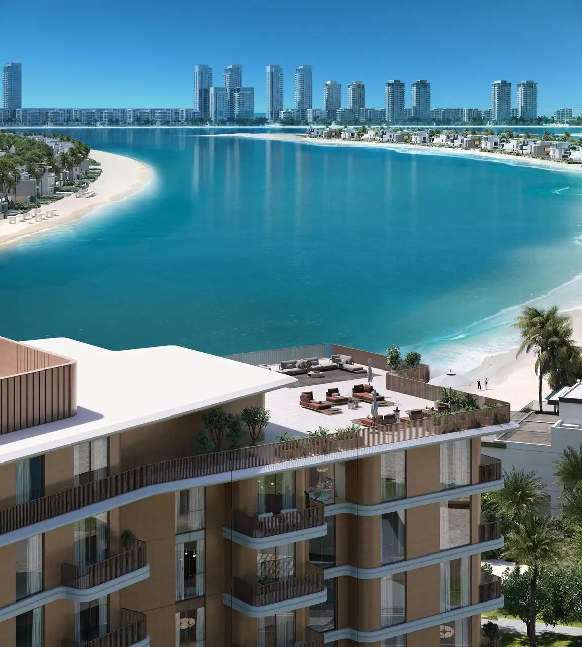 Palm Central Frond N Residences at Palm Jebel Ali by Nakheel rooftop terrace overlooking a turquoise lagoon, private beachfront and waterfront skyline views in Dubai - Presented by Tohid Fetrat