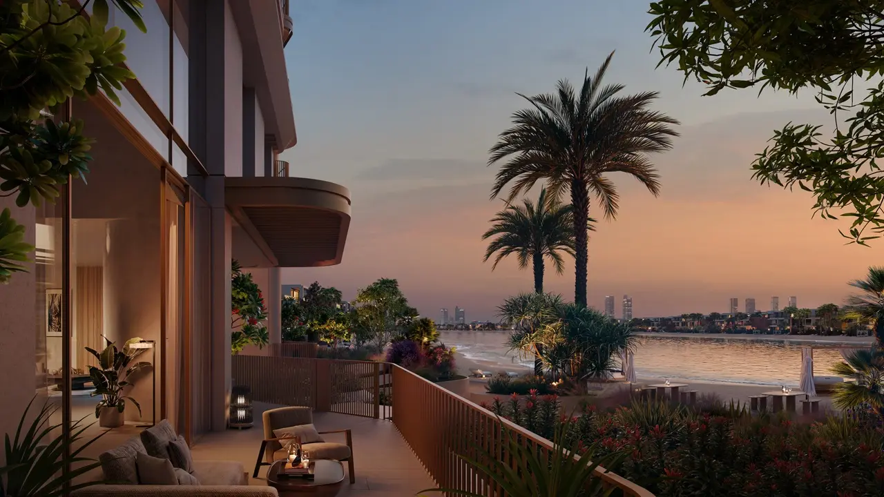 Palm Central Frond N Residences at Palm Jebel Ali by Nakheel waterfront terrace at sunset with lagoon views, landscaped gardens and elegant outdoor living spaces in Dubai - Presented by Tohid Fetrat