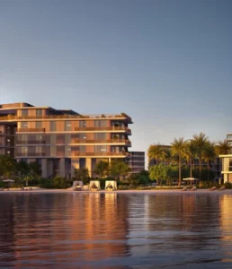 Palm Central Frond N Residences at Palm Jebel Ali by Nakheel waterfront residences at sunset with private beach, beachfront cabanas and reflective lagoon views in Dubai - Presented by Tohid Fetrat
