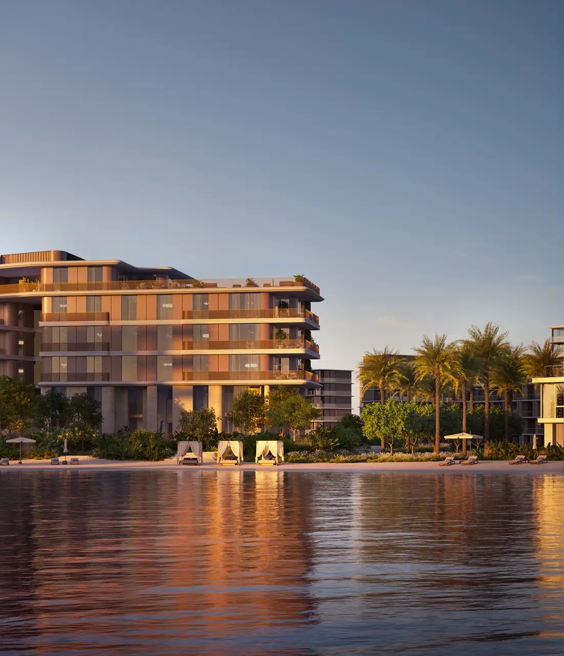 Palm Central Frond N Residences at Palm Jebel Ali by Nakheel waterfront residences at sunset with private beach, beachfront cabanas and reflective lagoon views in Dubai - Presented by Tohid Fetrat