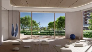 Palm Central Frond N Residences at Palm Jebel Ali by Nakheel yoga and wellness studio with floor to ceiling windows, garden views and dedicated mindfulness spaces in Dubai - Presented by Tohid Fetrat