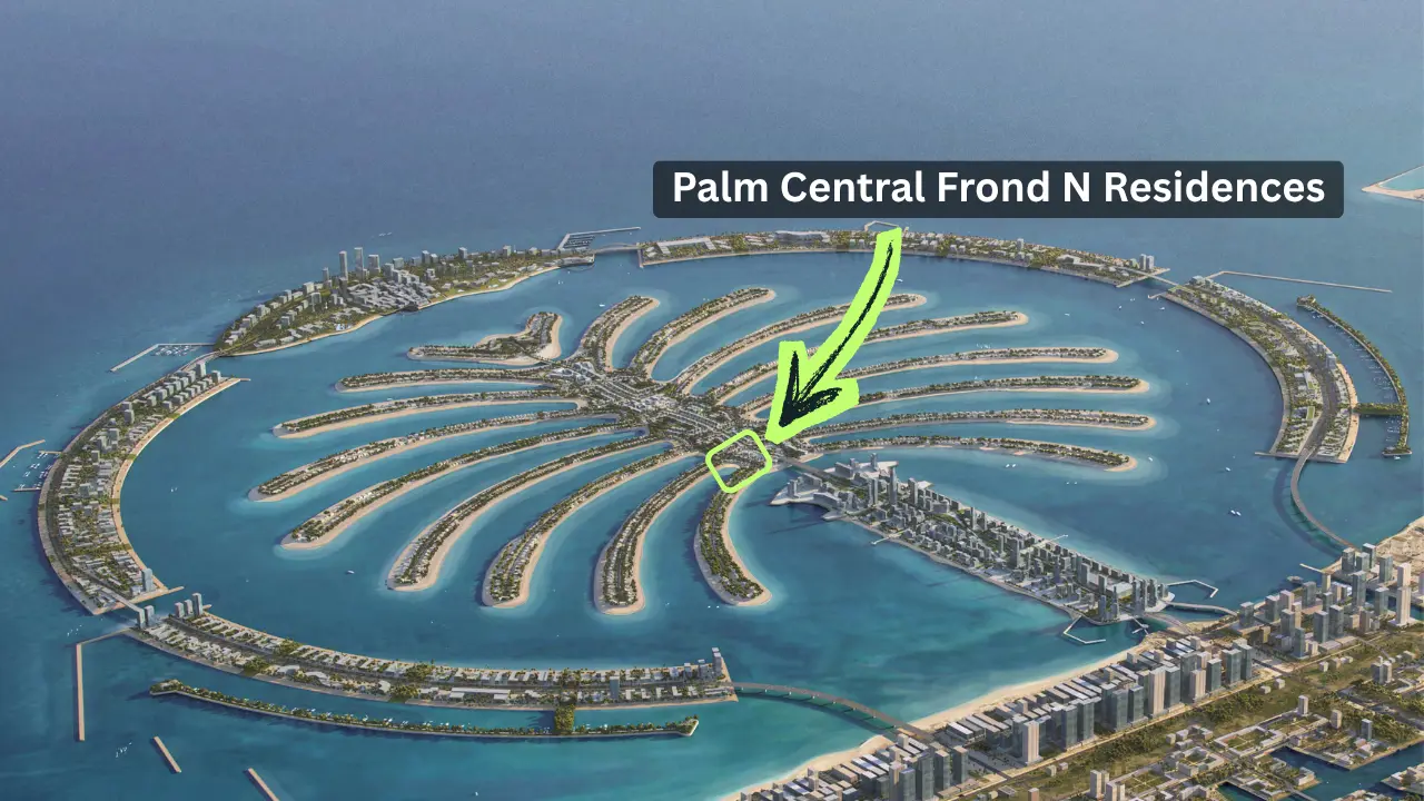 Palm Central Frond N Residences at Palm Jebel Ali by Nakheel location within Palm Jebel Ali masterplan showing its position near the central spine and waterfront districts in Dubai - Presented by Tohid Fetrat