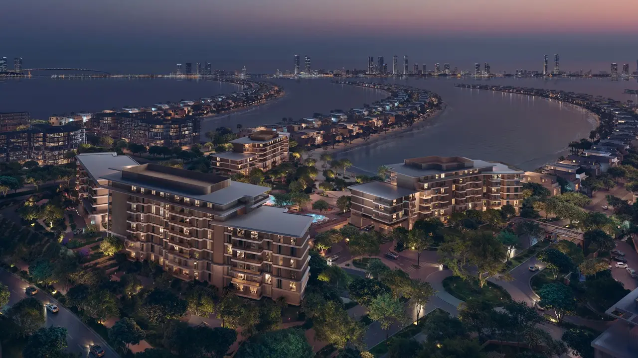 Palm Central Properties for Sale aerial waterfront community view at Palm Jebel Ali Dubai Presented by Tohid Fetrat
