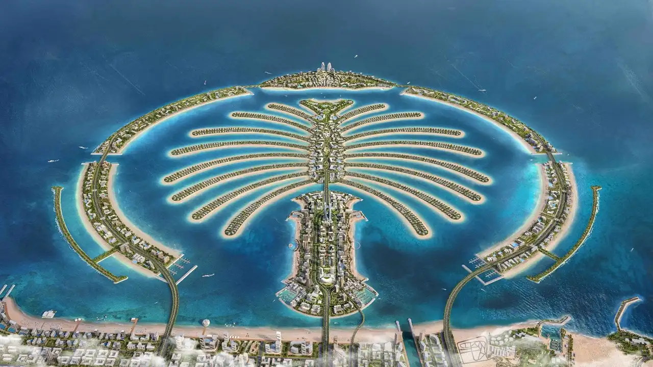 Aerial masterplan view of Palm Jebel Ali showing palm shaped island design and waterfront communities in Dubai Presented by Tohid Fetrat