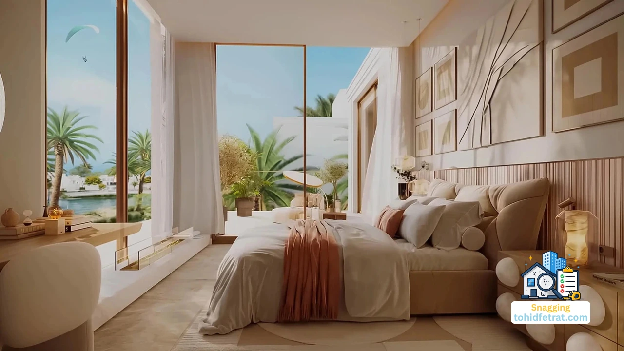 Why an Independent Inspection Protects Palmiera Buyers featuring a luxury bedroom with garden views at Palmiera at The Oasis. Presented by Tohid Fetrat