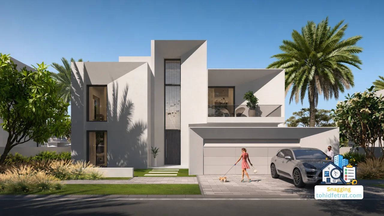 Why Snagging Matters at This Stage of Palmiera featuring a contemporary luxury villa with clean architectural design and landscaped surroundings. Presented by Tohid Fetrat