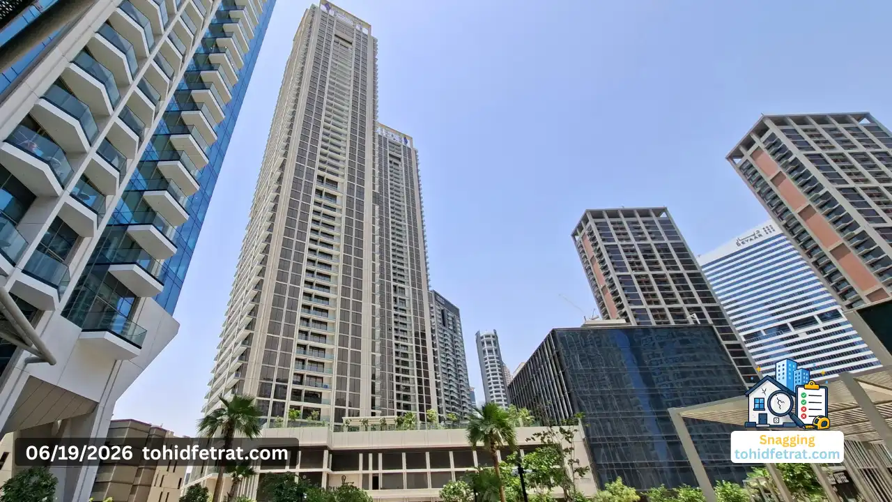Peninsula Four The Plaza Snagging Inspection showing the residential tower and landscaped podium on 19 June 2026 in Dubai Captured by Tohid Fetrat