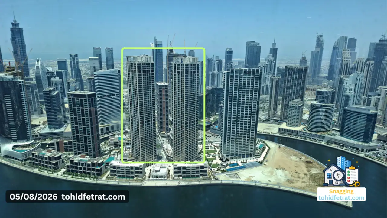 Peninsula Four Why an Independent Inspection Protects Peninsula Four Buyers showing an aerial view of the twin residential towers on 8 May 2026 in Dubai Captured by Tohid Fetrat