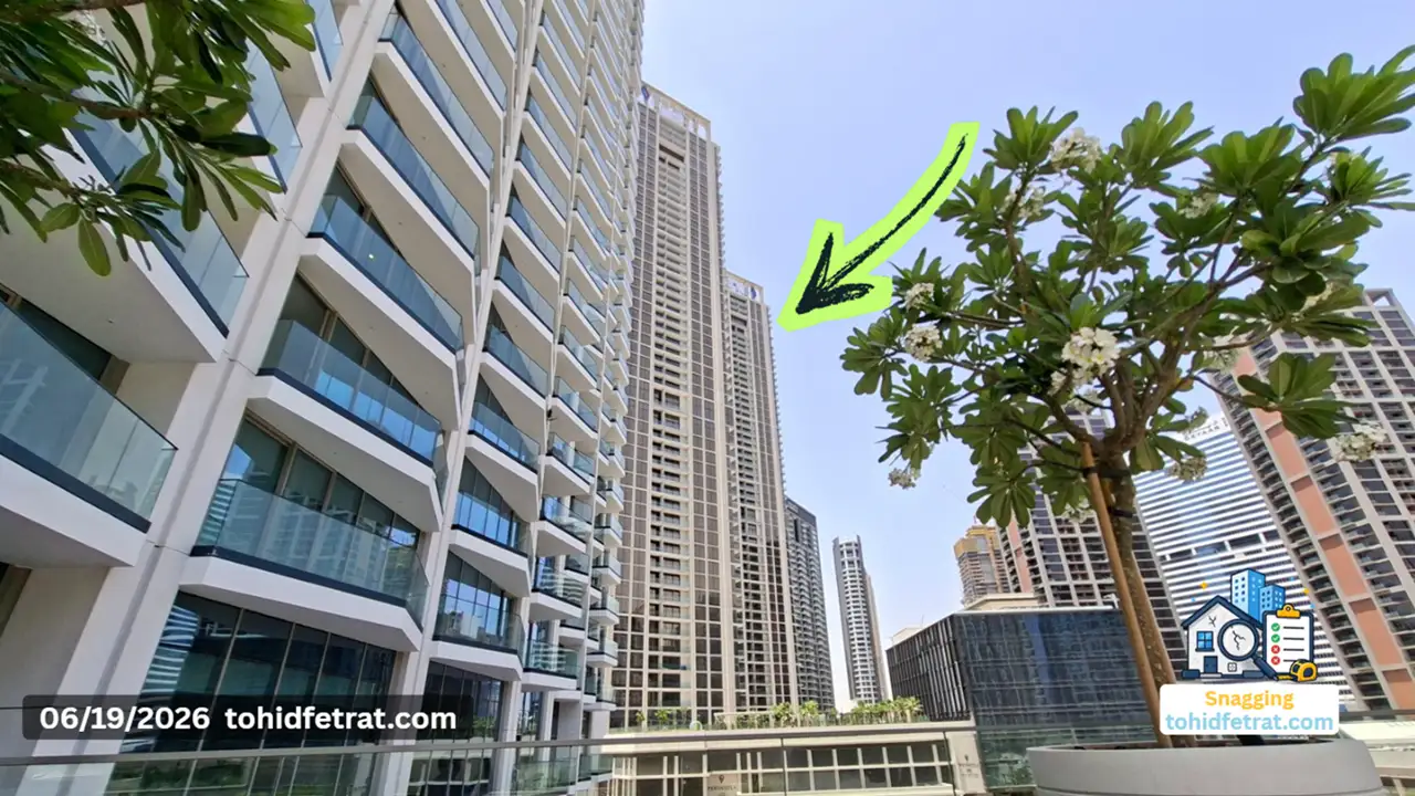 Peninsula Four Why Snagging Matters at This Stage showing residential towers and landscaped podium during inspection on 19 June 2026 in Dubai Captured by Tohid Fetrat