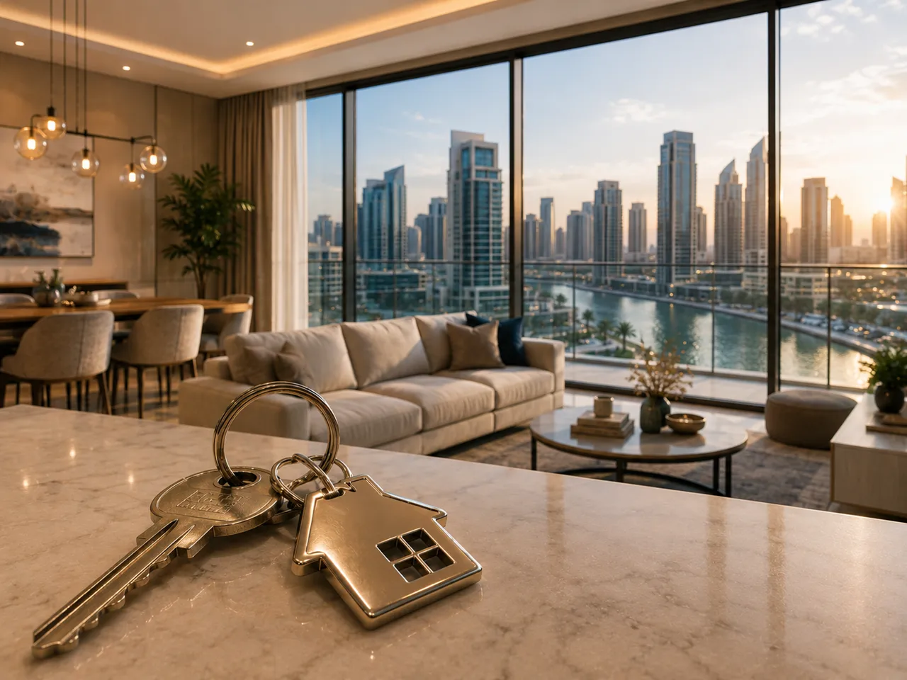 Plan Your Exit Strategy featuring luxury apartment keys with a Dubai Marina view representing property resale and investment planning Presented by Tohid Fetrat