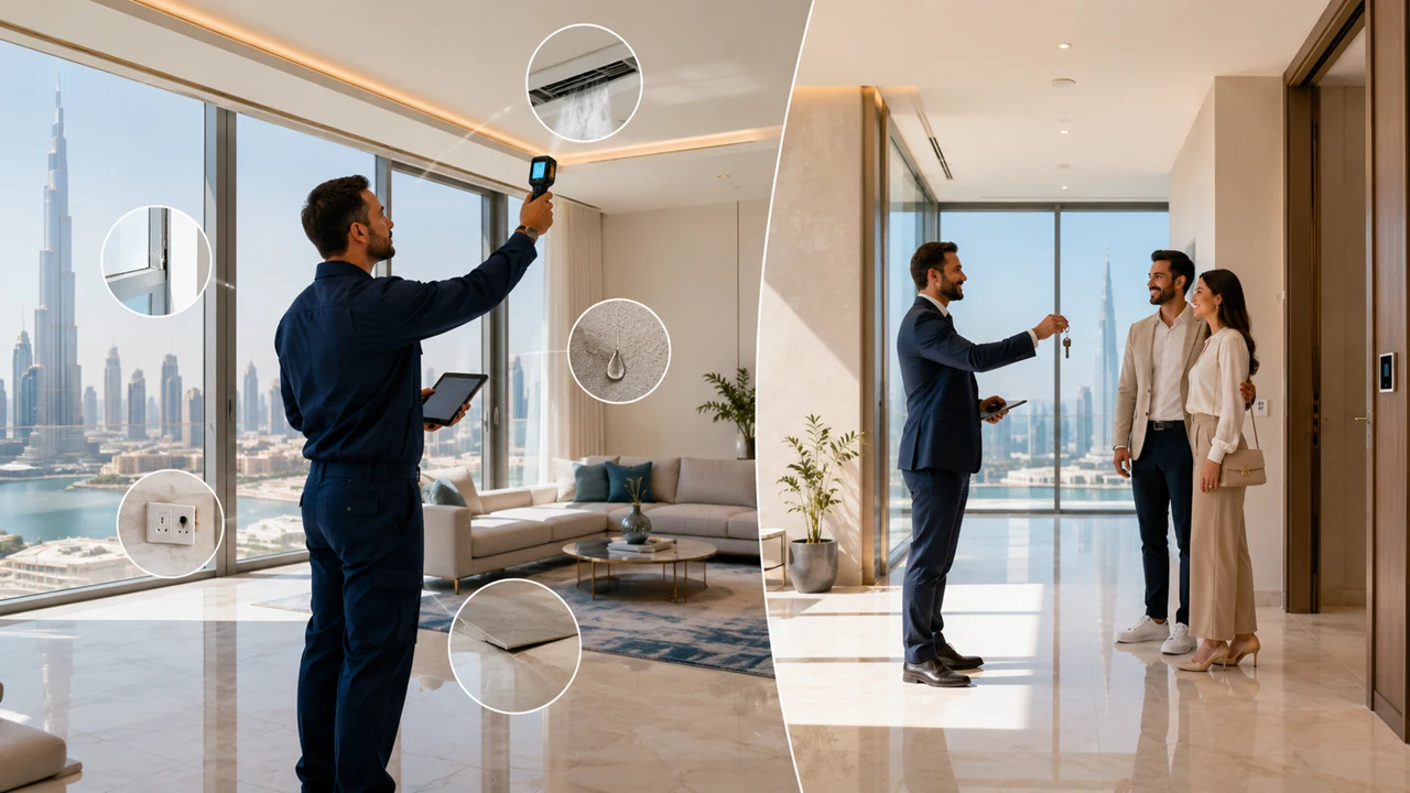 Property Snagging in Dubai showing a professional inspector identifying defects in a luxury apartment before handover Presented by Tohid Fetrat