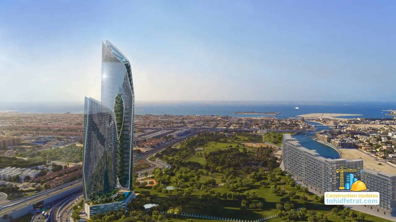 Safa One de GRISOGONO Construction Update March 2026 aerial view overlooking Safa Park and the Dubai coastline Presented by Tohid Fetrat