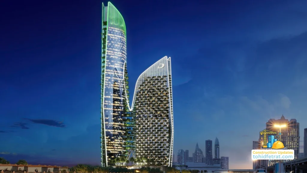 Safa One de GRISOGONO Construction Updates showing the illuminated twin tower exterior along Sheikh Zayed Road in Dubai Presented by Tohid Fetrat
