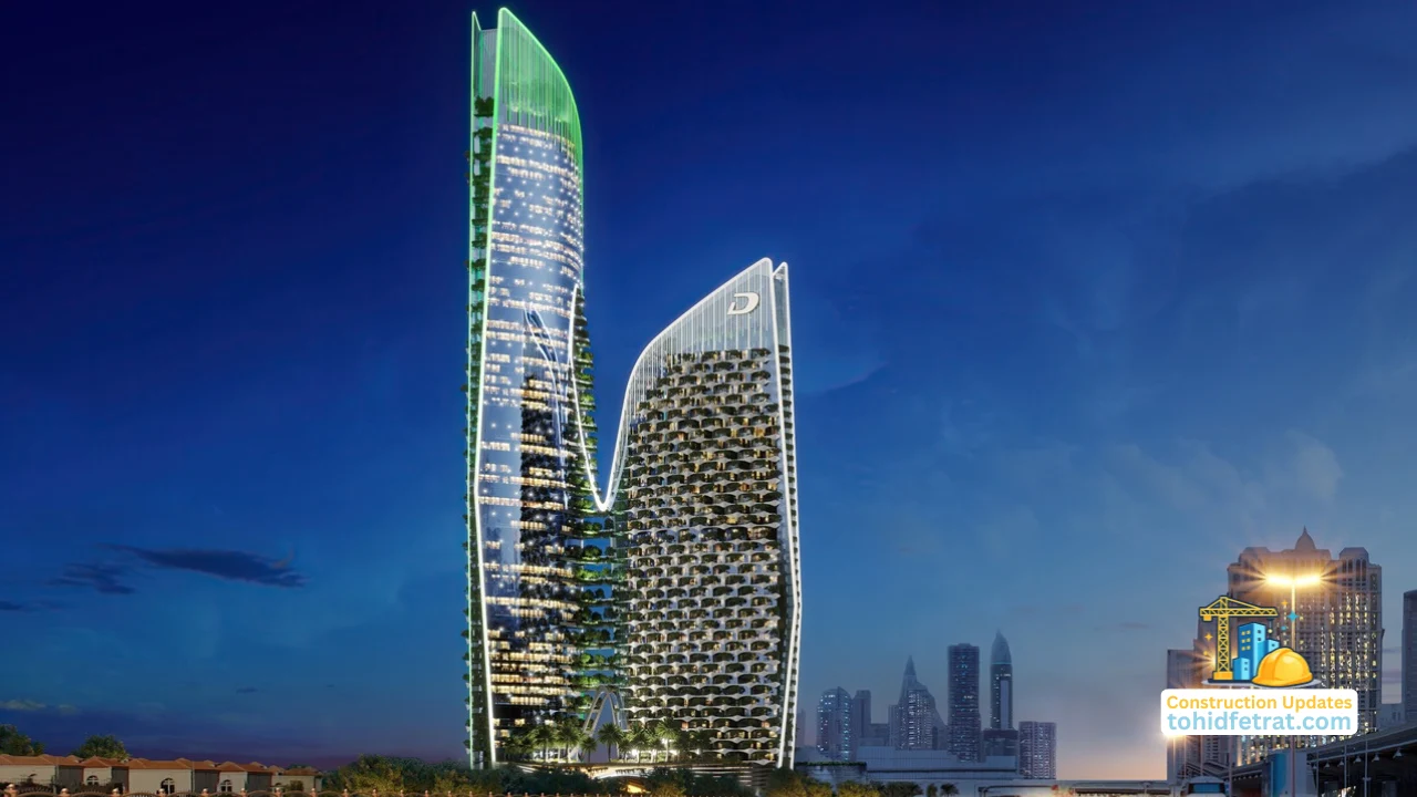 Safa One de GRISOGONO Construction Updates showing the illuminated twin tower exterior along Sheikh Zayed Road in Dubai Presented by Tohid Fetrat