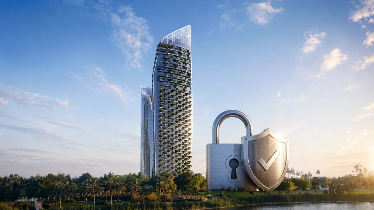 Safa One de GRISOGONO Escrow Account illustration featuring the development with security lock and shield symbols in Dubai Presented by Tohid Fetrat