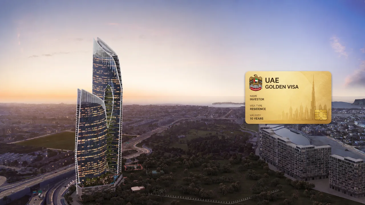 Safa One de GRISOGONO Golden Visa illustration featuring the development with a UAE Golden Visa card in Dubai Presented by Tohid Fetrat