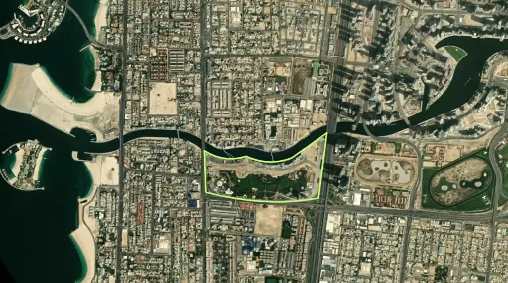 Safa Park Community aerial map highlighting the community location within central Dubai Presented by Tohid Fetrat
