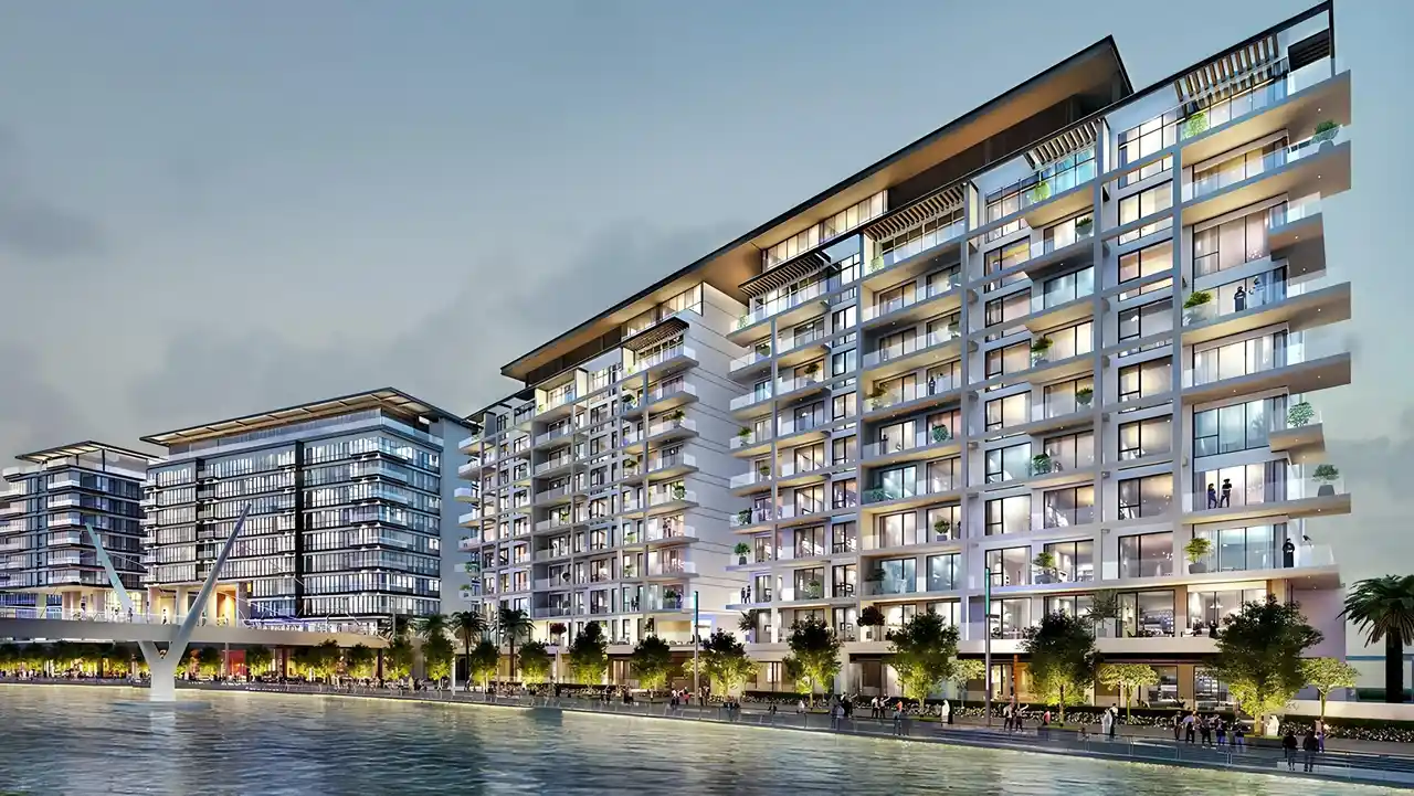 Safa Park Properties for Sale featuring modern waterfront apartment buildings with contemporary architecture in Dubai Presented by Tohid Fetrat