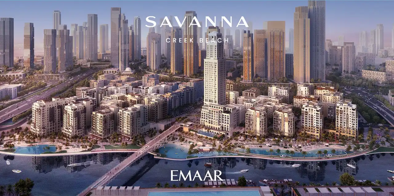 Savanna at Dubai Creek Harbour by Emaar Properties aerial view of the waterfront residential community with landscaped promenades and Dubai skyline in Dubai Presented by Tohid Fetrat