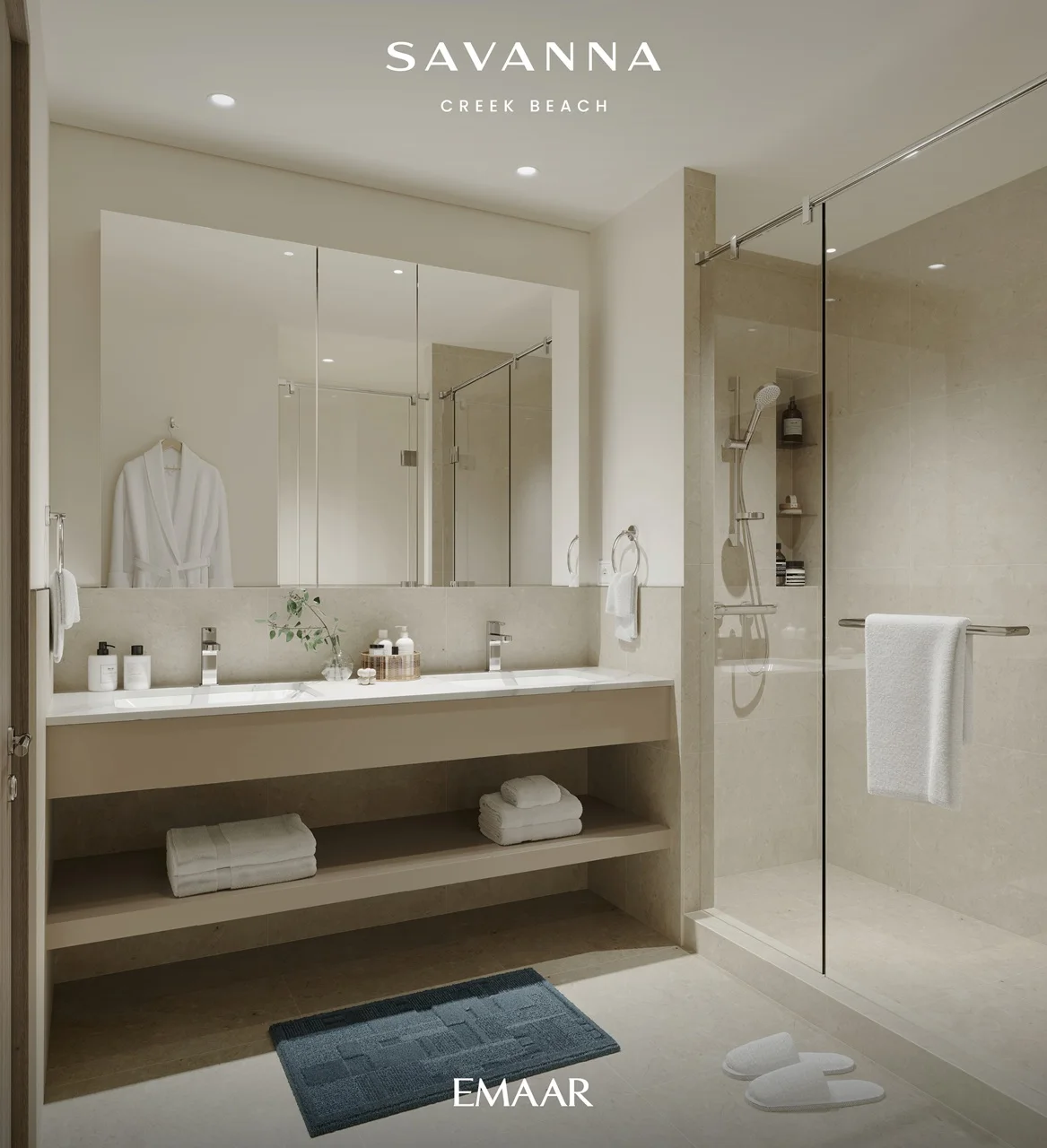 Savanna at Dubai Creek Harbour by Emaar Properties contemporary bathroom with double vanity, walk in glass shower, and premium interior finishes in Dubai Presented by Tohid Fetrat
