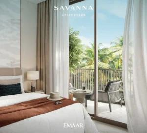 Savanna at Dubai Creek Harbour by Emaar Properties contemporary bedroom with private balcony overlooking landscaped greenery in Dubai Presented by Tohid Fetrat