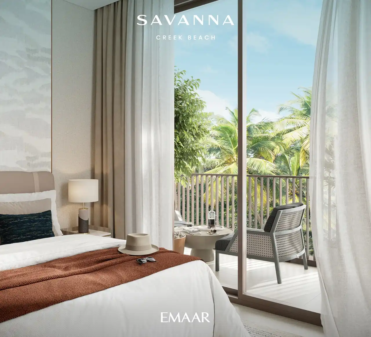 Savanna at Dubai Creek Harbour by Emaar Properties contemporary bedroom with private balcony overlooking landscaped greenery in Dubai Presented by Tohid Fetrat