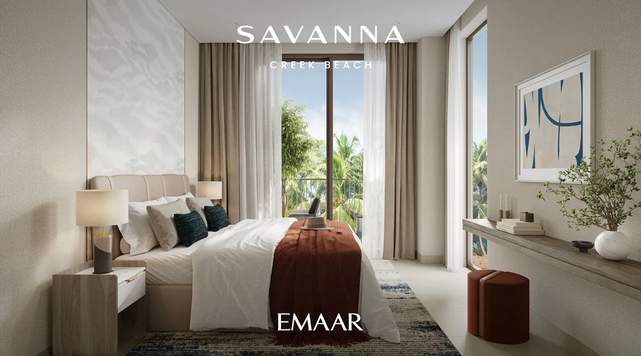 Savanna at Dubai Creek Harbour by Emaar Properties contemporary bedroom with elegant furnishings, floor to ceiling windows, and balcony views in Dubai Presented by Tohid Fetrat