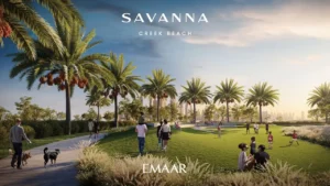 Savanna at Dubai Creek Harbour by Emaar Properties landscaped community park with palm lined walkways and open green spaces in Dubai Presented by Tohid Fetrat