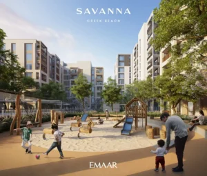 Savanna at Dubai Creek Harbour by Emaar Properties landscaped outdoor children's play area surrounded by contemporary residential buildings in Dubai Presented by Tohid Fetrat