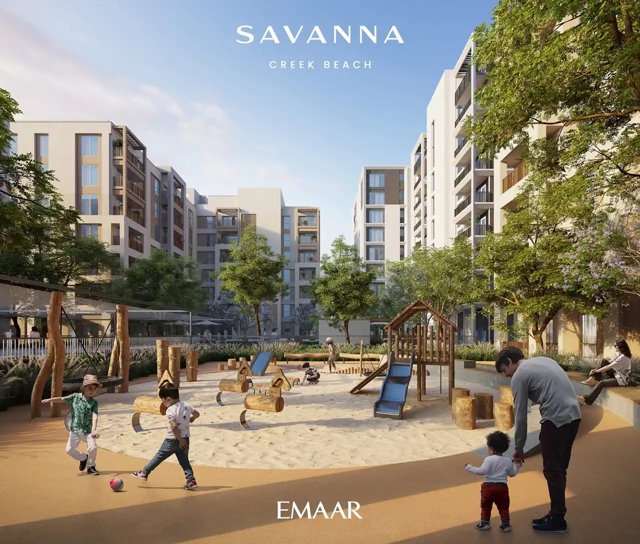 Savanna at Dubai Creek Harbour by Emaar Properties landscaped outdoor children's play area surrounded by contemporary residential buildings in Dubai Presented by Tohid Fetrat
