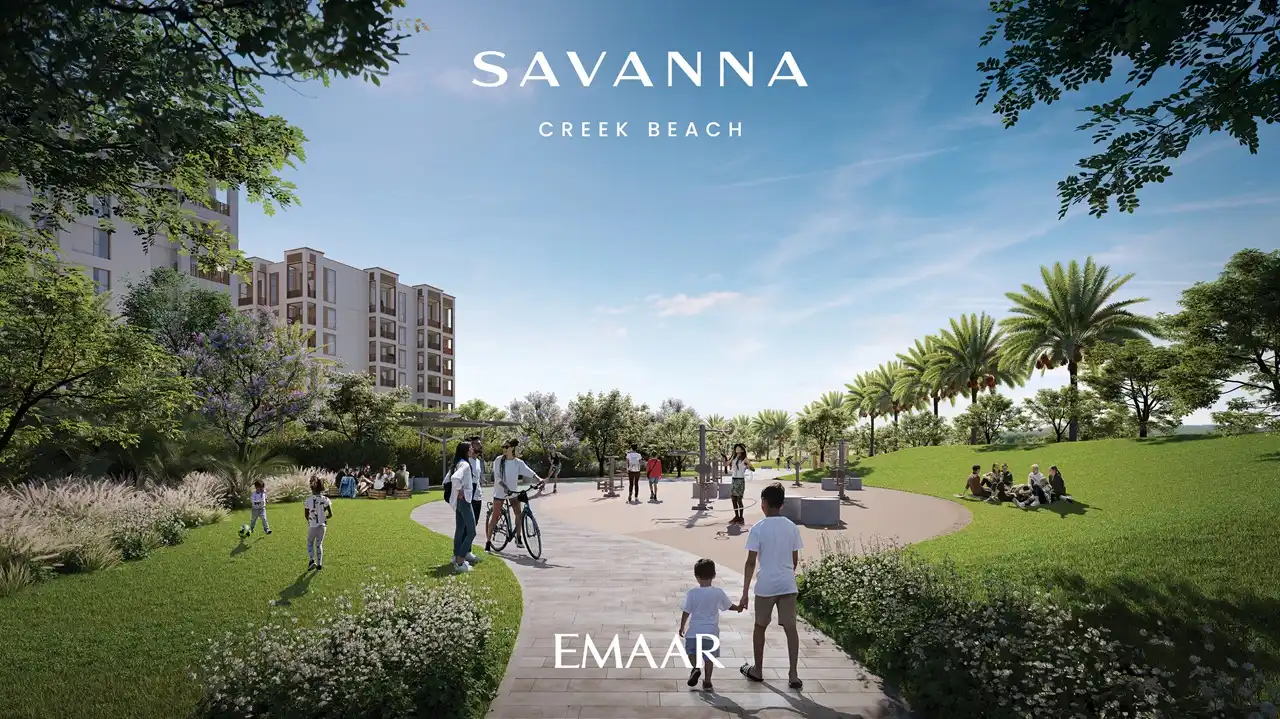 Savanna at Dubai Creek Harbour by Emaar Properties landscaped community park with walking paths, outdoor fitness area, and contemporary residential buildings in Dubai Presented by Tohid Fetrat