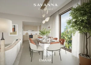 Savanna at Dubai Creek Harbour by Emaar Properties contemporary open plan living and dining area with floor to ceiling windows and landscaped views in Dubai Presented by Tohid Fetrat