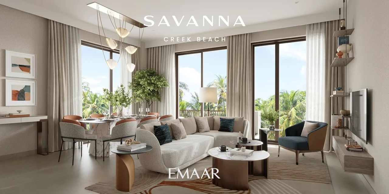 Savanna at Dubai Creek Harbour by Emaar Properties contemporary open plan living room and dining area with floor to ceiling windows and landscaped views in Dubai Presented by Tohid Fetrat
