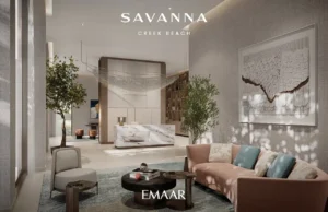 Savanna at Dubai Creek Harbour by Emaar Properties contemporary residential lobby with elegant reception area, designer furnishings, and premium interior finishes in Dubai Presented by Tohid Fetrat