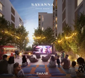 Savanna at Dubai Creek Harbour by Emaar Properties outdoor cinema courtyard with landscaped seating areas and contemporary residential buildings in Dubai Presented by Tohid Fetrat