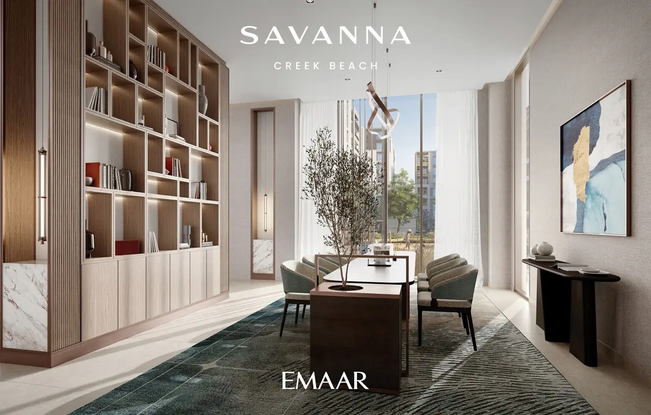 Savanna at Dubai Creek Harbour by Emaar Properties contemporary residents lounge with library shelving, elegant seating, and floor to ceiling windows in Dubai Presented by Tohid Fetrat