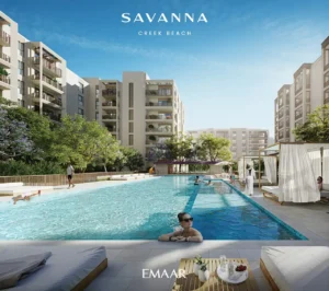 Savanna at Dubai Creek Harbour by Emaar Properties outdoor swimming pool surrounded by contemporary residential buildings and landscaped relaxation areas in Dubai Presented by Tohid Fetrat