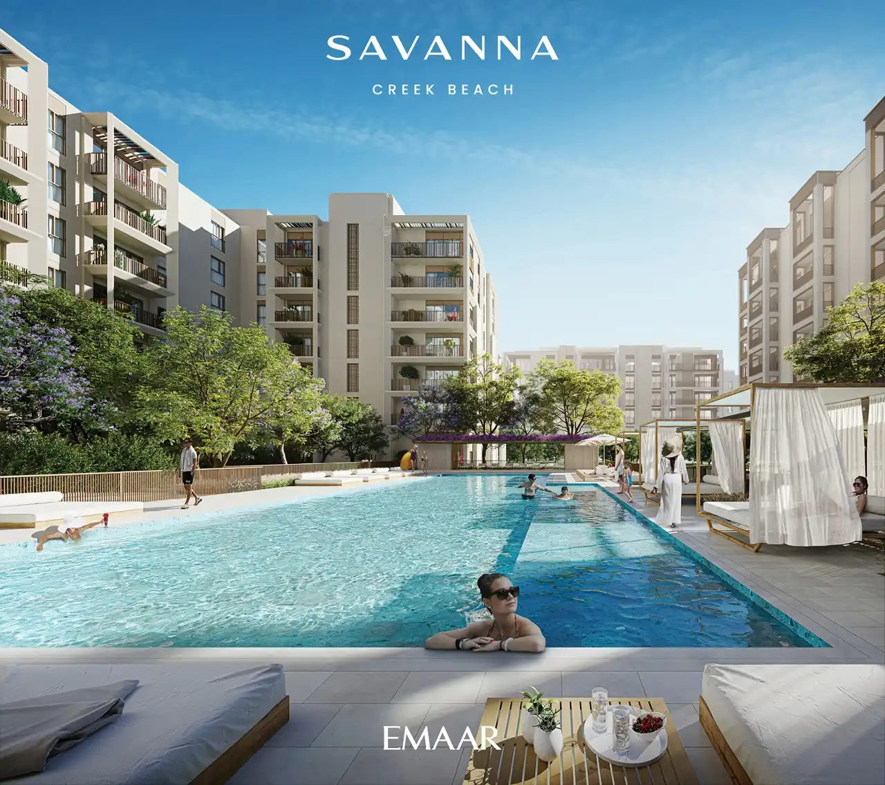 Savanna at Dubai Creek Harbour by Emaar Properties outdoor swimming pool surrounded by contemporary residential buildings and landscaped relaxation areas in Dubai Presented by Tohid Fetrat