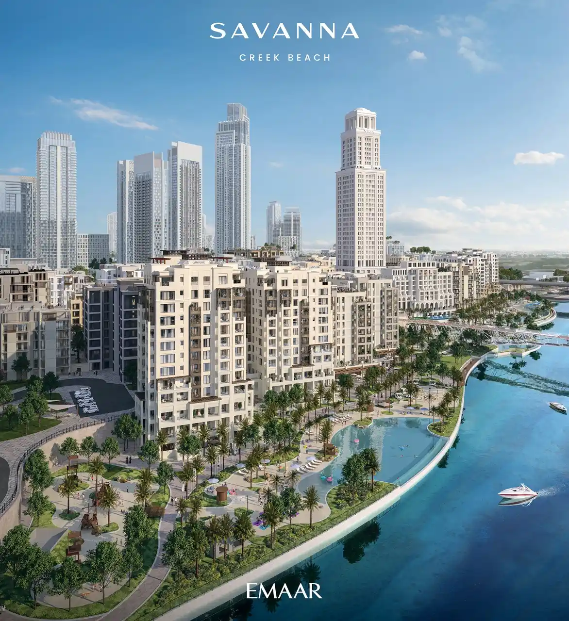 Savanna at Dubai Creek Harbour by Emaar Properties aerial waterfront view of contemporary residential buildings, landscaped promenade, and creek in Dubai Presented by Tohid Fetrat