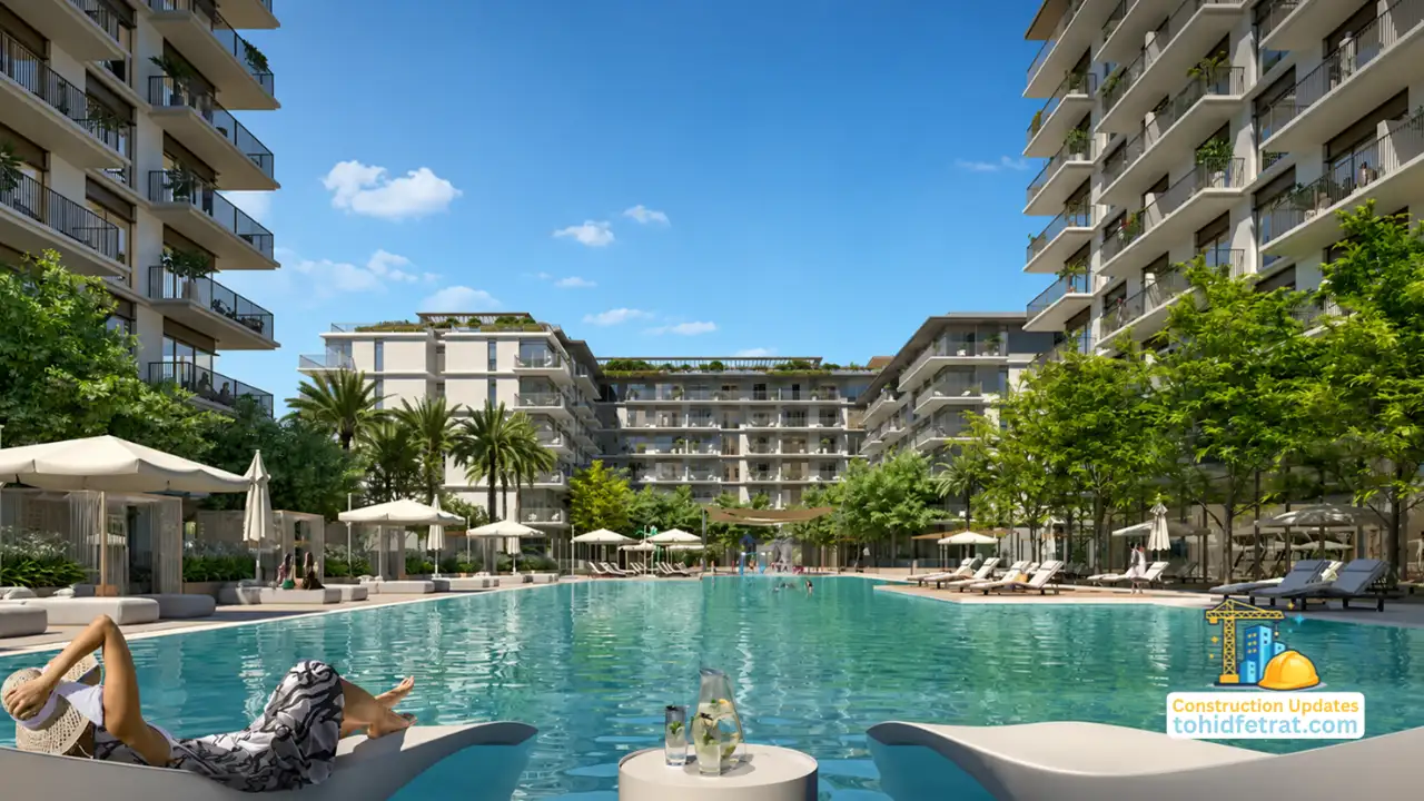 Seascape at Rashid Yachts and Marina construction updates featuring resort style pools, landscaped courtyards, and contemporary waterfront residences. Presented by Tohid Fetrat