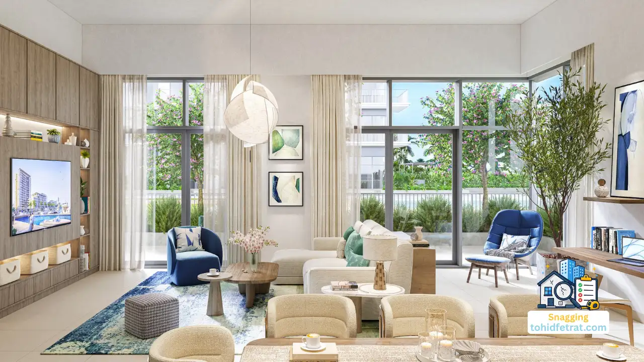 Why an Independent Inspection Protects Seascape at Rashid Yachts and Marina Buyers featuring a luxury waterfront living room. Presented by Tohid Fetrat