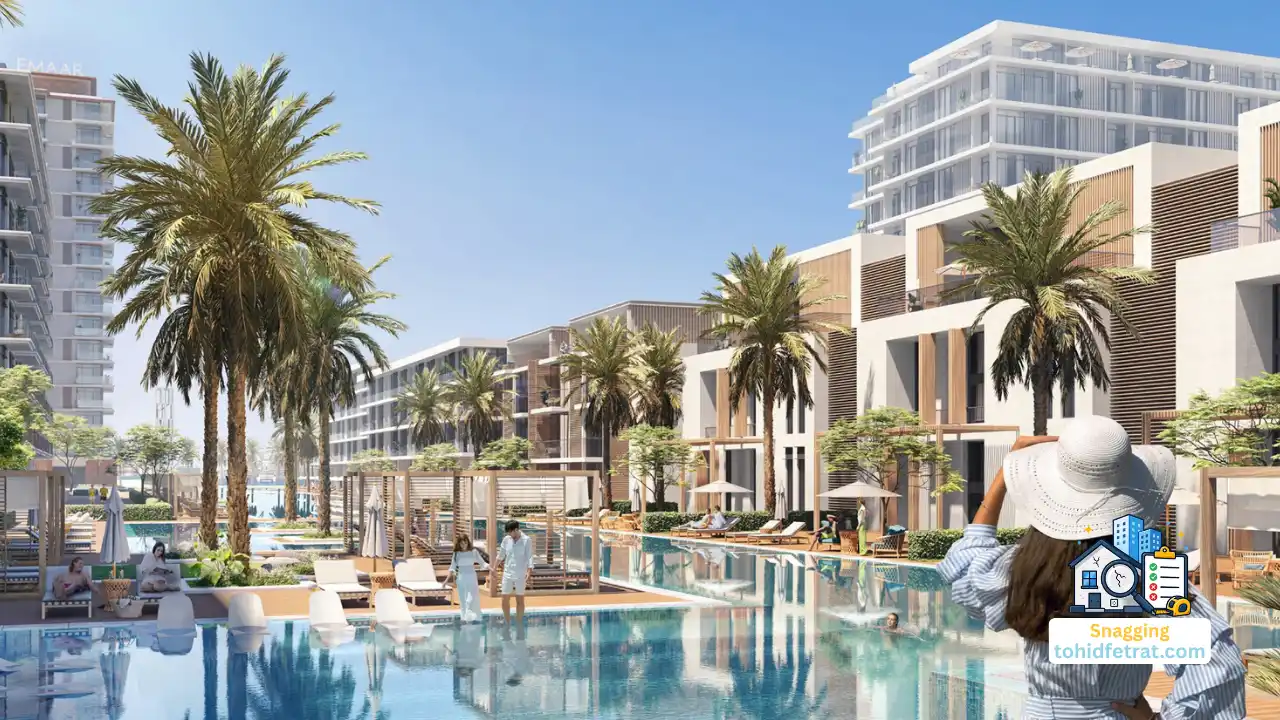 Seascape at Rashid Yachts and Marina snagging inspection featuring waterfront residences, resort style pools, and landscaped outdoor spaces. Presented by Tohid Fetrat