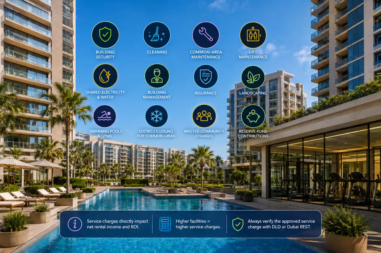 Service Charges and Their Impact on ROI in Dubai featuring residential amenities building maintenance costs shared facilities and rental return considerations Presented by Tohid Fetrat