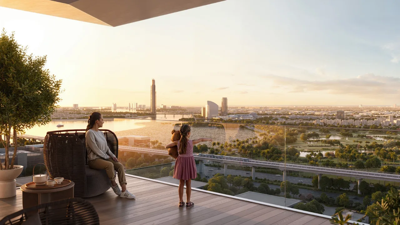 Silva at Dubai Creek Harbour by Emaar Properties private balcony with panoramic waterfront views overlooking Dubai Creek and landscaped surroundings in Dubai - Presented by Tohid Fetrat
