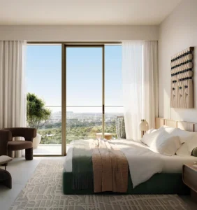 Silva at Dubai Creek Harbour by Emaar Properties elegant bedroom interior with floor to ceiling windows and panoramic community views in Dubai - Presented by Tohid Fetrat