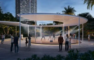 Silva at Dubai Creek Harbour by Emaar Properties outdoor community event pavilion with performance stage landscaped surroundings and residential tower backdrop in Dubai - Presented by Tohid Fetrat