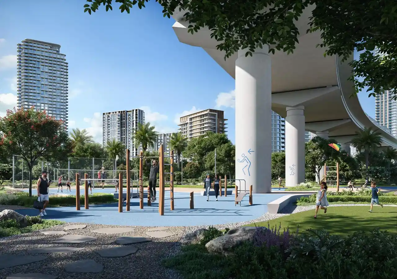 Silva at Dubai Creek Harbour by Emaar Properties outdoor fitness park with landscaped gardens recreational spaces and residential towers in Dubai - Presented by Tohid Fetrat