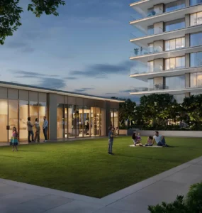 Silva at Dubai Creek Harbour by Emaar Properties landscaped community lawn with outdoor gathering spaces residential tower and clubhouse facilities in Dubai - Presented by Tohid Fetrat